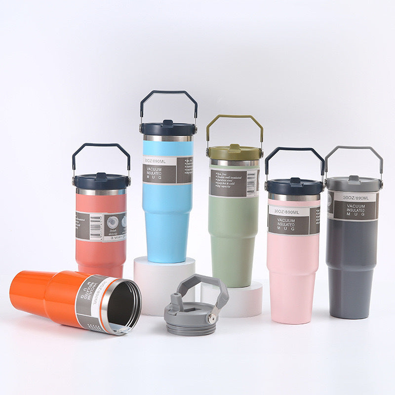 Orange Pink 30Oz 304 Stainless Steel Ice Cup With Handle Portable Car And Travel Double Insulated For Hot & Cold Drinks