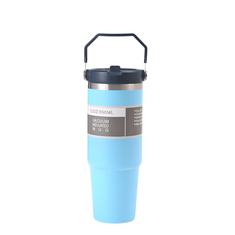 Blue 30Oz 304 Stainless Steel Ice Cup With Handle Portable Car And Travel Double Insulated For Hot Cold Drinks