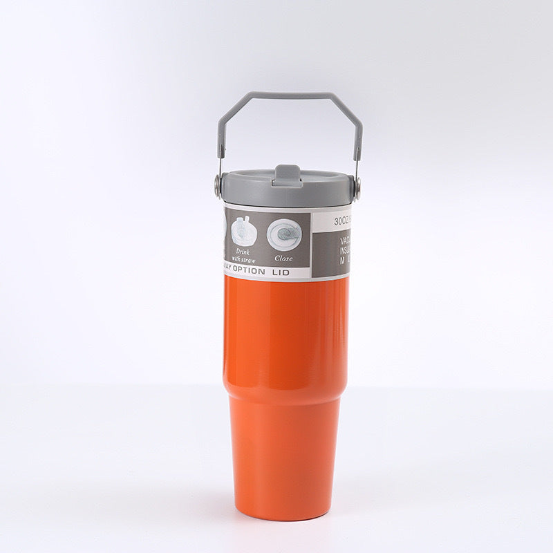 Orange 30Oz 304 Stainless Steel Ice Cup With Handle Portable Car And Travel Double Insulated For Hot & Cold Drinks