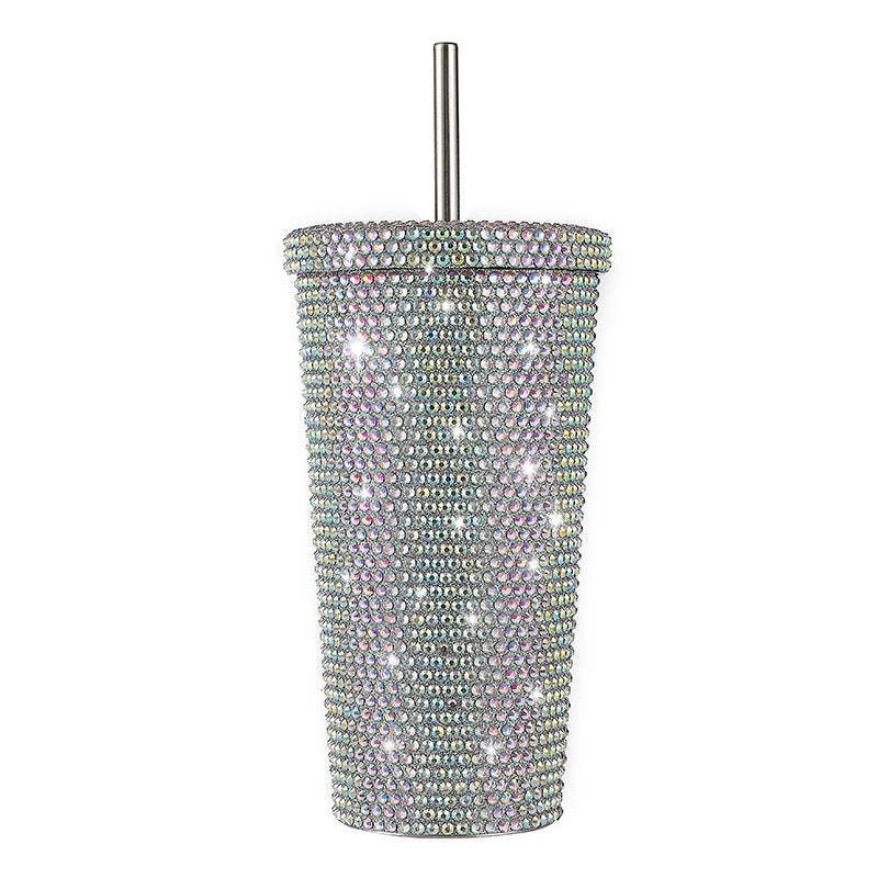 Diamond Inlaid Insulated 304 Stainless Steel Cup With Straw Double Walled Rhinestone Coffee Mug Gift For Beverages