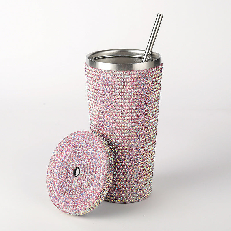 Diamond Inlaid Insulated 304 Stainless Steel Cup With Straw Double Walled Rhinestone Coffee Mug Gift For Beverages