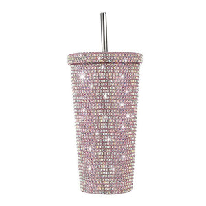 Pink Diamond Inlaid Insulated 304 Stainless Steel Cup With Straw Double Walled Rhinestone Coffee Mug Gift For Beverages