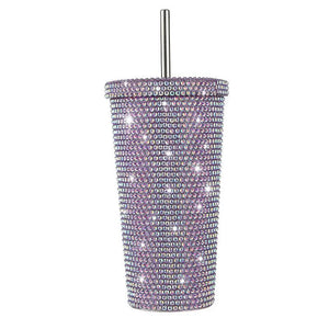 Purple Diamond Inlaid Insulated 304 Stainless Steel Cup With Straw Double Walled Rhinestone Coffee Mug Gift For Beverage