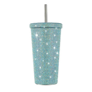 Blue Diamond Inlaid Insulated 304 Stainless Steel Cup With Straw Double Walled Rhinestone Coffee Mug Gift For Beverages