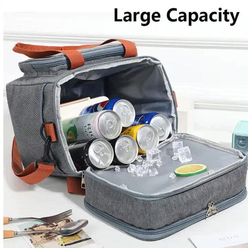 Black Large Capacity Lunch Bag Dual Layer Insulated Cooler For Outdoor Picnic And Work Use