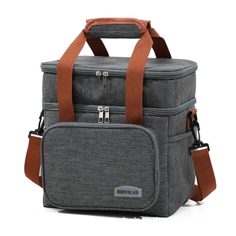 Grey Large Capacity Lunch Bag Dual Layer Insulated Cooler For Outdoor Picnic And Work Use