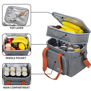 Grey Large Capacity Lunch Bag Dual Layer Insulated Cooler For Outdoor Picnic And Work Use