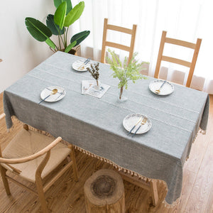 140Cm X 90Cm Grey Striped Cotton Linen Embroidered Tassel Tablecloth European And American Pastoral Style For Restaurant