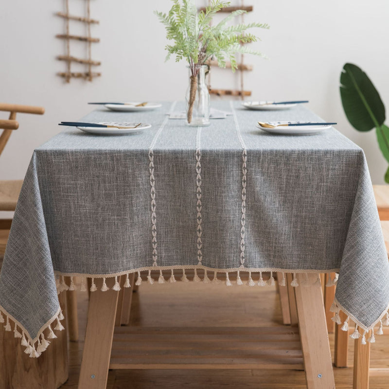 140Cm X 90Cm Grey Striped Cotton Linen Embroidered Tassel Tablecloth European And American Pastoral Style For Restaurant