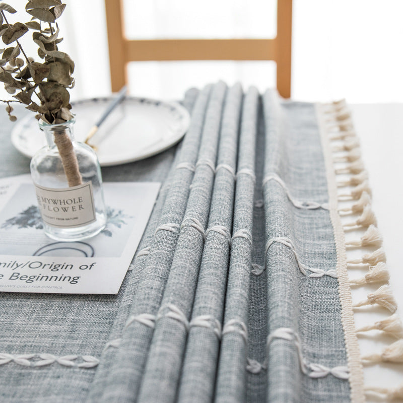 140Cm X 90Cm Grey Striped Cotton Linen Embroidered Tassel Tablecloth European And American Pastoral Style For Restaurant