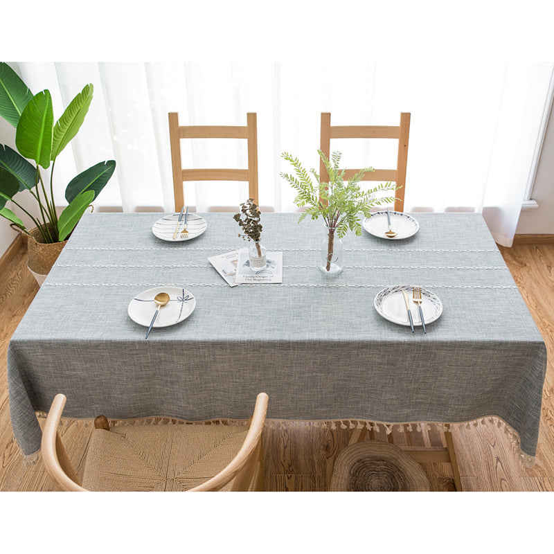 140X200cm Grey Striped Cotton Linen Embroidered Tassel Tablecloth European & American Pastoral Style For Restaurants