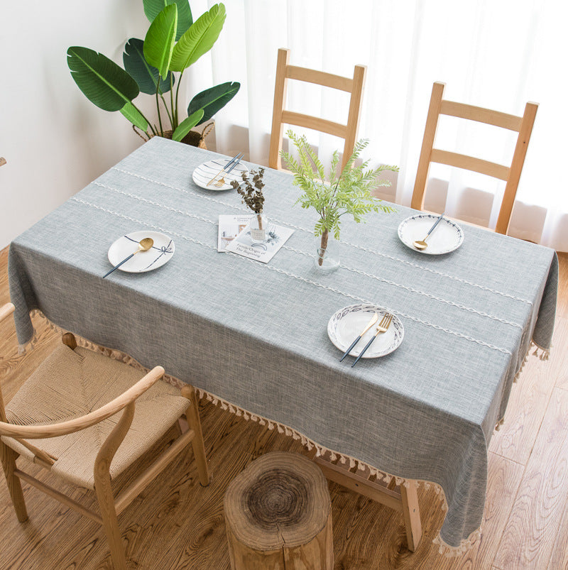 160*100Cm Grey Striped Cotton Linen Embroidered Tassel Tablecloth European & American Pastoral Style For Restaurants