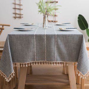 160*100Cm Grey Striped Cotton Linen Embroidered Tassel Tablecloth European & American Pastoral Style For Restaurants