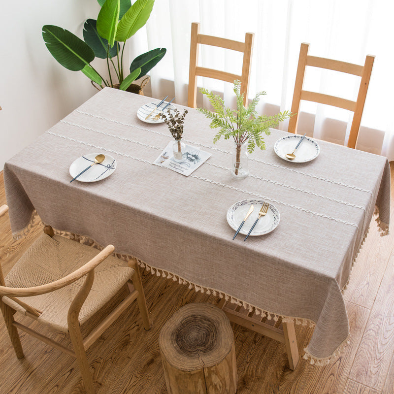 160*100Cm Beige Striped Cotton Linen Embroidered Tassel Tablecloth European & American Pastoral Style For Restaurants