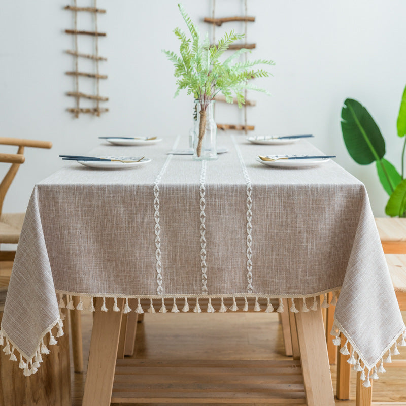 140X200cm Grey Striped Cotton Linen Embroidered Tassel Tablecloth European & American Pastoral Style For Restaurants