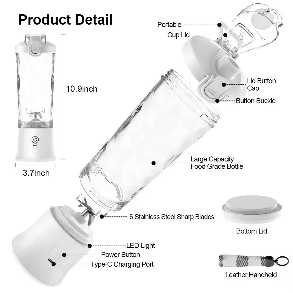 White 600Ml Large Capacity Juicer Cup Rechargeable Portable Multifunctional Ice Crushing & Fruit Blender