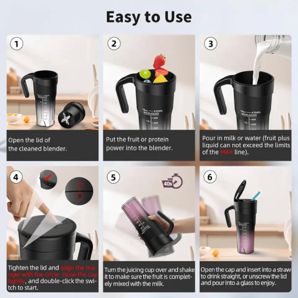 Black Portable Juicer Cup With Straw Usb Rechargeable 6 Blade Blender Multi Function Maker For Travel And Outdoor Use