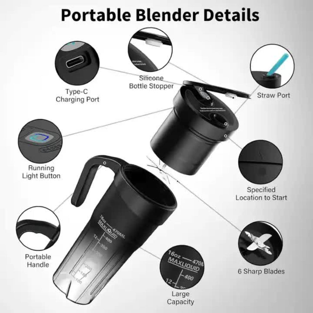 Black Portable Juicer Cup With Straw Usb Rechargeable 6 Blade Blender Multi Function Maker For Travel And Outdoor Use