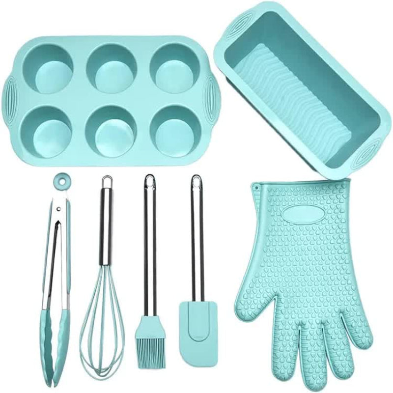 Green 7 Piece Silicone Bakeware Set With Whisk Spatula Brush Gloves And Cake Molds For Home Baking