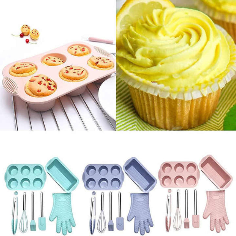 Green 7 Piece Silicone Bakeware Set With Whisk Spatula Brush Gloves And Cake Molds For Home Baking