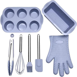 Grey 7 Piece Silicone Bakeware Set With Whisk Spatula Brush Gloves And Cake Molds For Home Baking