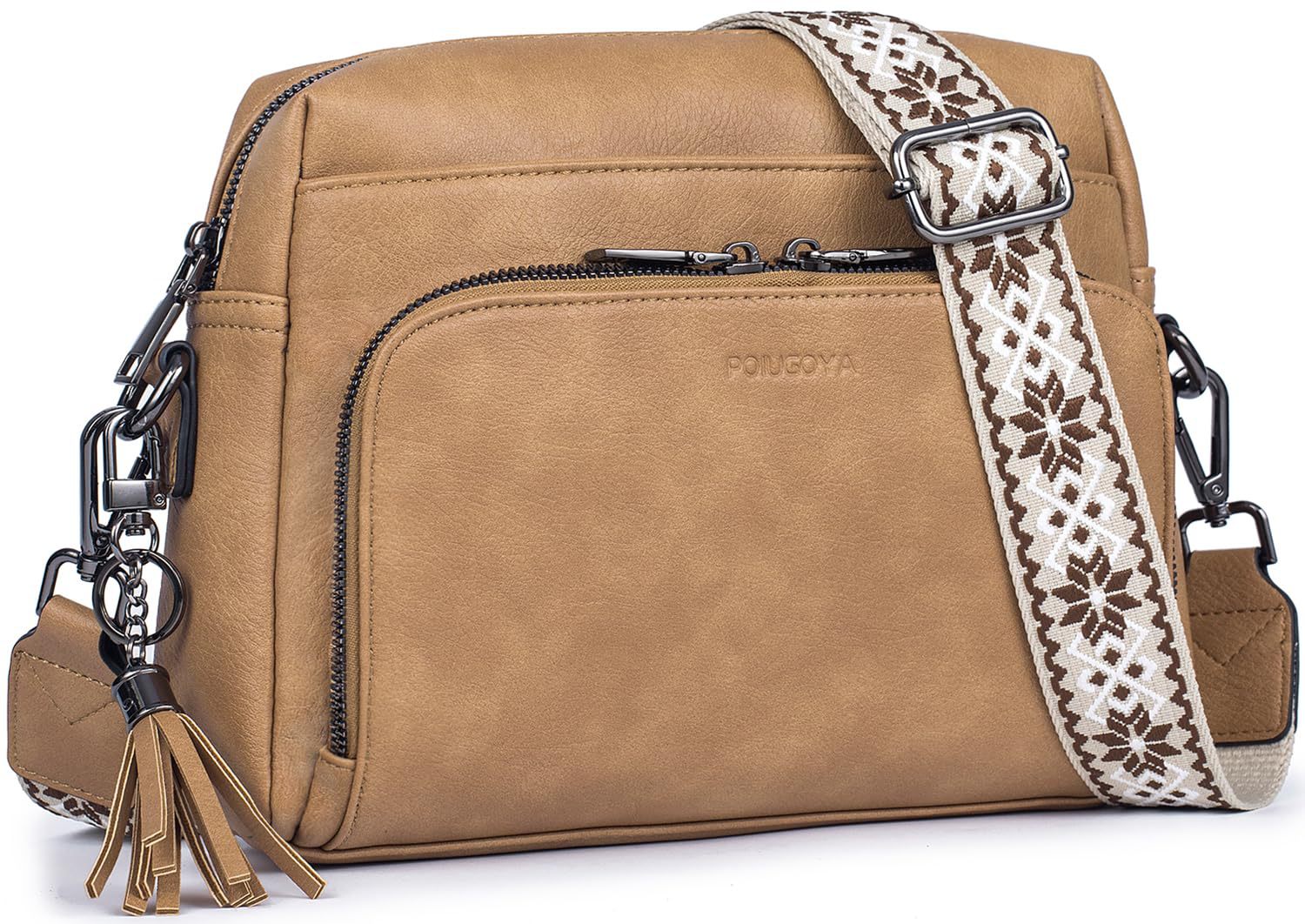 Light Tan Vintage Multi Zip Crossbody Bag With Card Slots And Adjustable Strap Minimalist Solid Color Shoulder