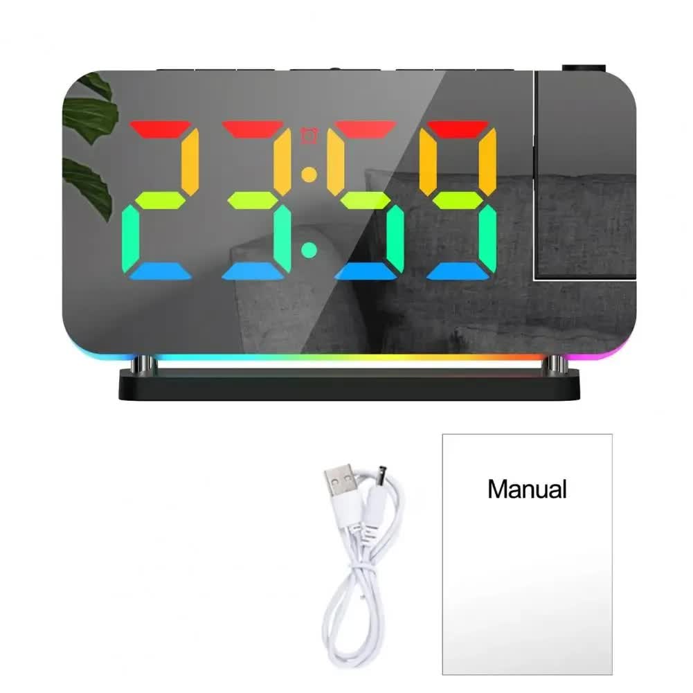 Black Rgb Led Projection Alarm Clock Multi Color Night Light With Snooze Function Home Decor Digital