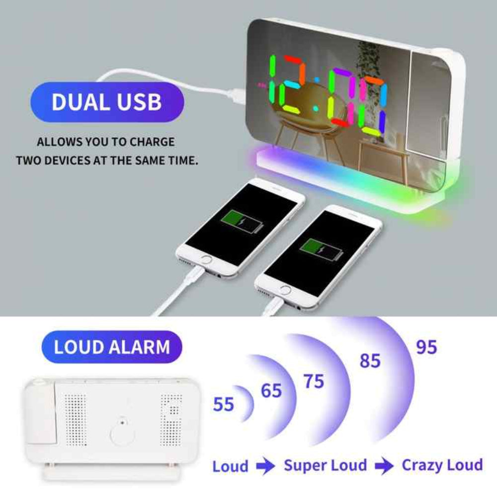 Black Rgb Led Projection Alarm Clock Multi Color Night Light With Snooze Function Home Decor Digital