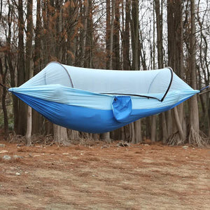 Blue Outdoor Camping Hammock With Mosquito Net Anti Tip Nylon Fabric Single/Double Person Quick Setup