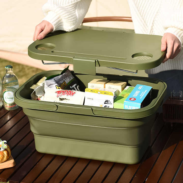 Army Green Foldable Outdoor Picnic Basket With Lid And Tabletop Camping Storage Box Car Friendly Organizer