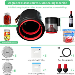 Electric Mason Jar Vacuum Sealer Kit Automatic Food Preservation System With Wine Stopper & Bags