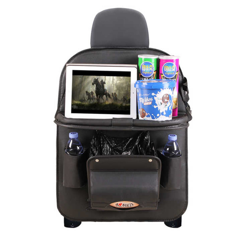 Black Leather Car Backseat Organizer With Foldable Tray Table & Trash Bag Multi Functional Storage Solution