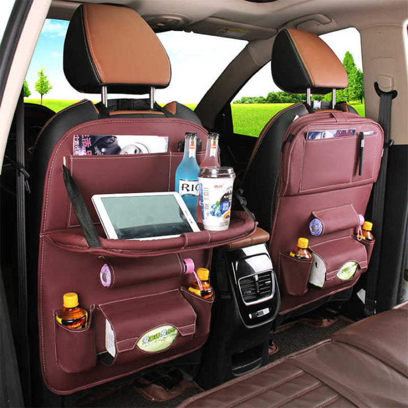 Black Leather Car Backseat Organizer With Foldable Tray Table & Trash Bag Multi Functional Storage Solution