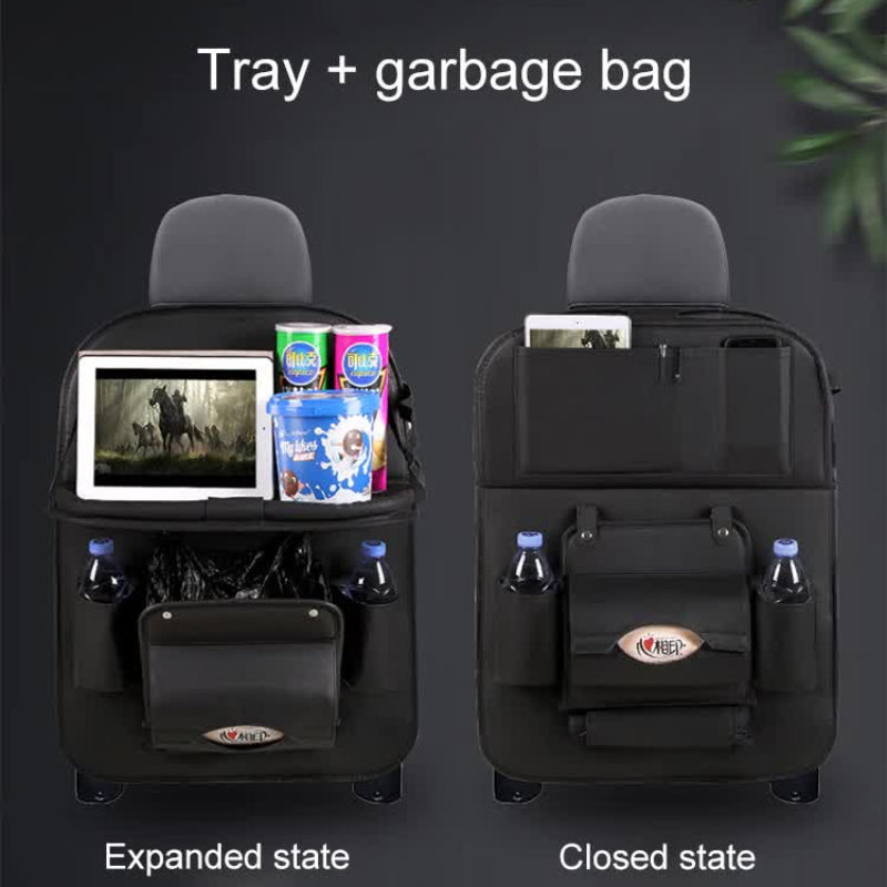 Black Leather Car Backseat Organizer With Foldable Tray Table & Trash Bag Multi Functional Storage Solution