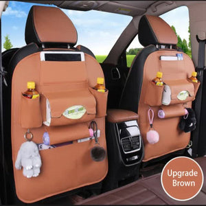 Chocolate Leather Car Backseat Organizer With Foldable Tray Table & Trash Bag Multi Functional Storage Solution