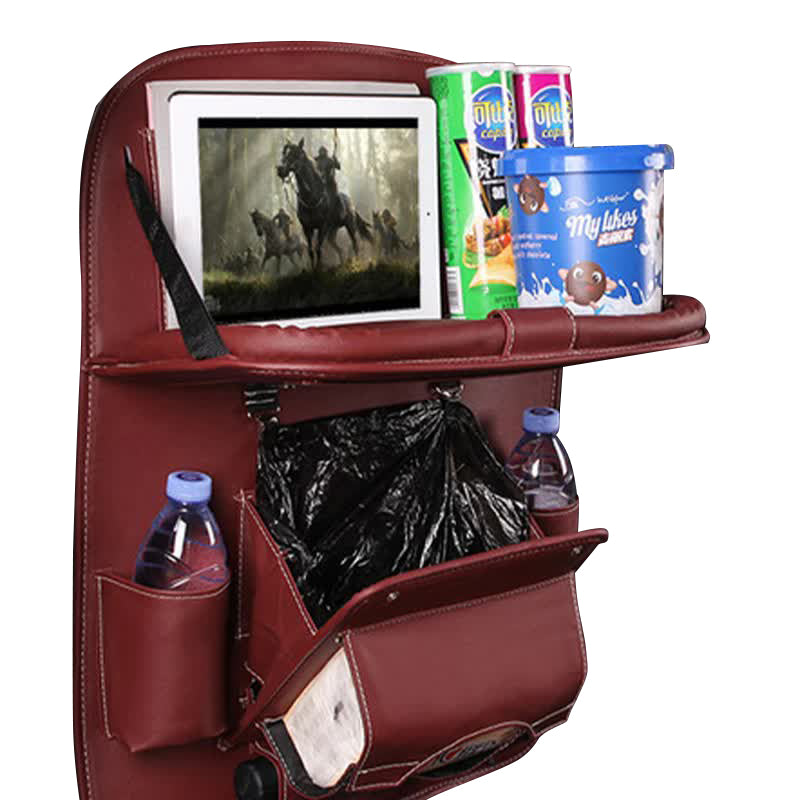 Rose Madder Leather Car Backseat Organizer With Foldable Tray Table & Trash Bag Multi Functional Storage Solution