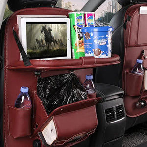 Rose Madder Leather Car Backseat Organizer With Foldable Tray Table & Trash Bag Multi Functional Storage Solution