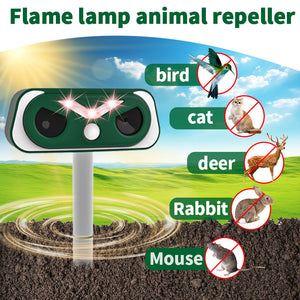 Solar Powered Flame Lamp Animal Repeller Ultrasonic Bird Cat Deer Rabbit & Rodent Deterrent