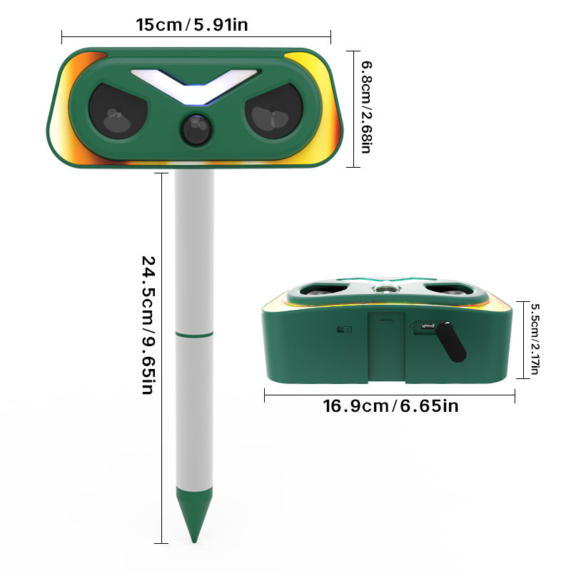 Solar Powered Flame Lamp Animal Repeller Ultrasonic Bird Cat Deer Rabbit & Rodent Deterrent