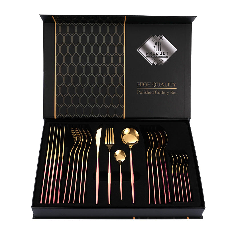 Pink Gold Color Premium 24 Piece Stainless Steel Cutlery Set Elegant Golden Steak Knife Fork And Spoon In Luxury Gift Bo