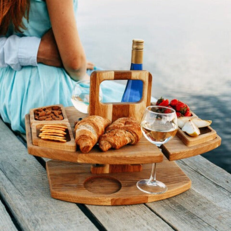 Sycamore Log Color Portable Wooden Picnic Table Wine Glass And Snack Holder Tray