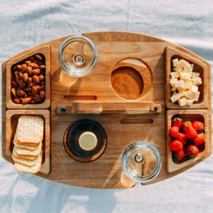 Pine Log Color Portable Wooden Picnic Table Wine Glass & Snack Holder