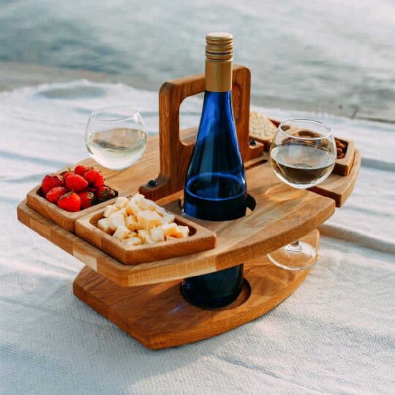 Pine Log Color Portable Wooden Picnic Table Wine Glass & Snack Holder