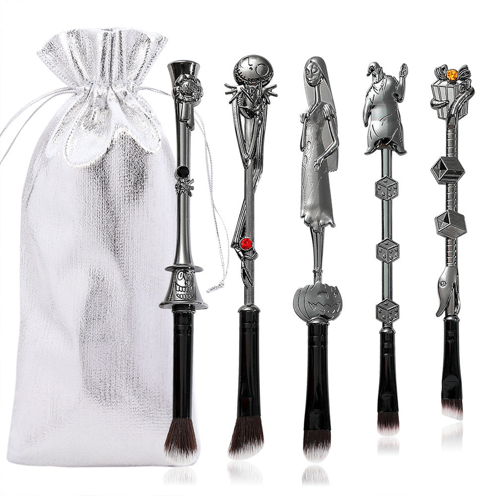 5 Piece Gothic Skeleton Jack Makeup Brush Set Halloween Horror Themed Metal Eyeshadow Brushes For Creative Festive Gifts