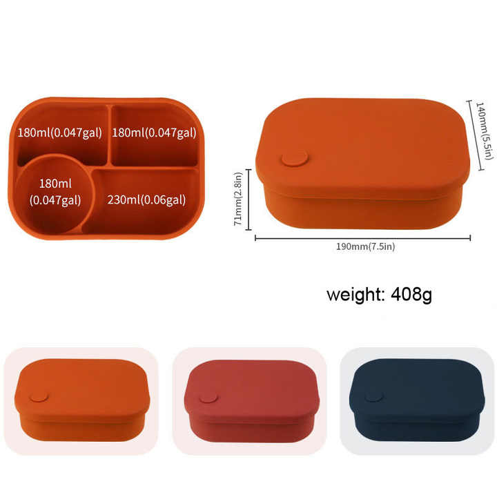 Dark Orange Food Grade Silicone Lunch Box Microwave Safe Bento With Dividers & Airtight Seal