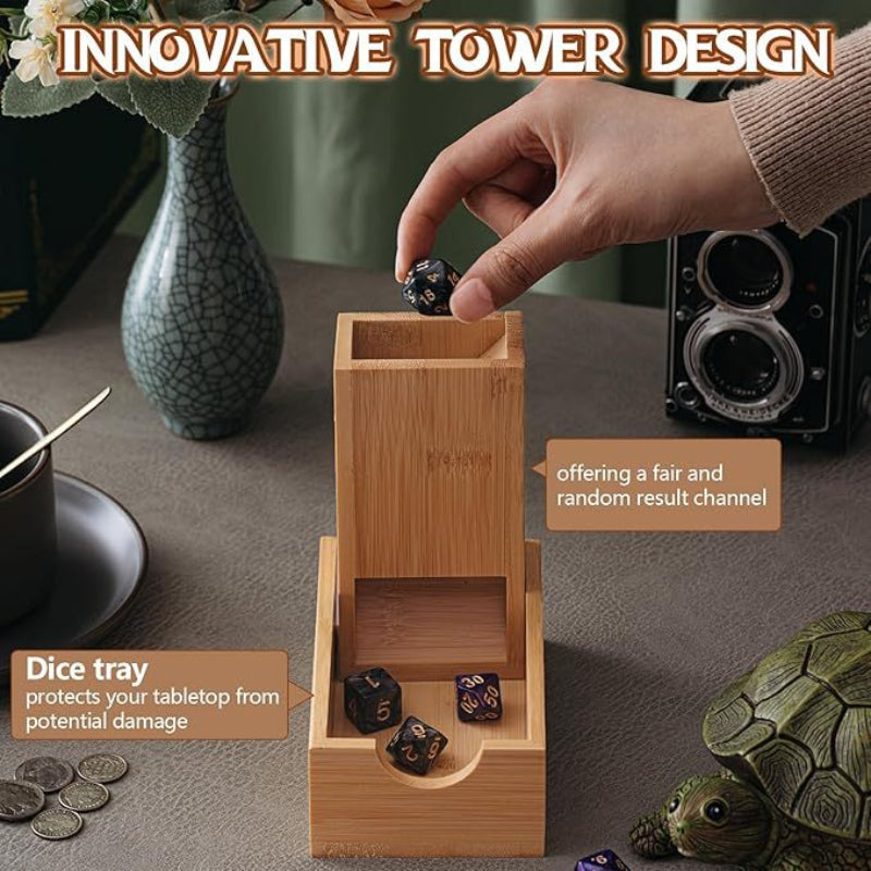 Portable Foldable Bamboo Dice Tower Set Premium Wooden Roller For Tabletop Rpg And Board Games