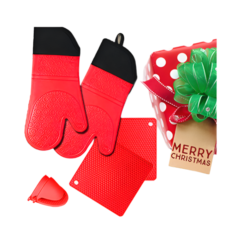 Red 3 Piece Set Bpa Free Non Slip Silicone Oven Mitts Heat Resistant Gloves With Honeycomb Pattern For Kitchen Safety