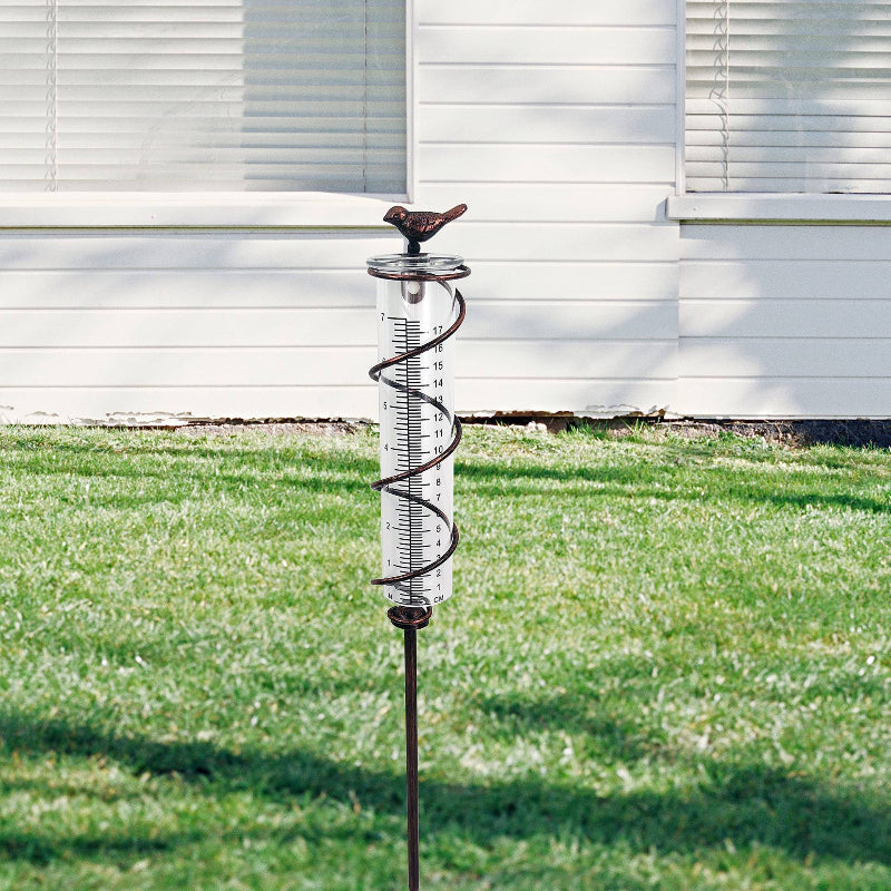 Decorative Garden Rain Gauge Glass Meter With Metal Stake And Bird Design