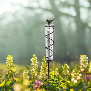 Decorative Garden Rain Gauge Glass Meter With Metal Stake And Bird Design