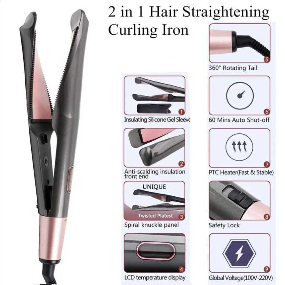 2 In 1 Hair Straightener And Curler Ceramic Ionic Styling Tool For Smooth Wavy